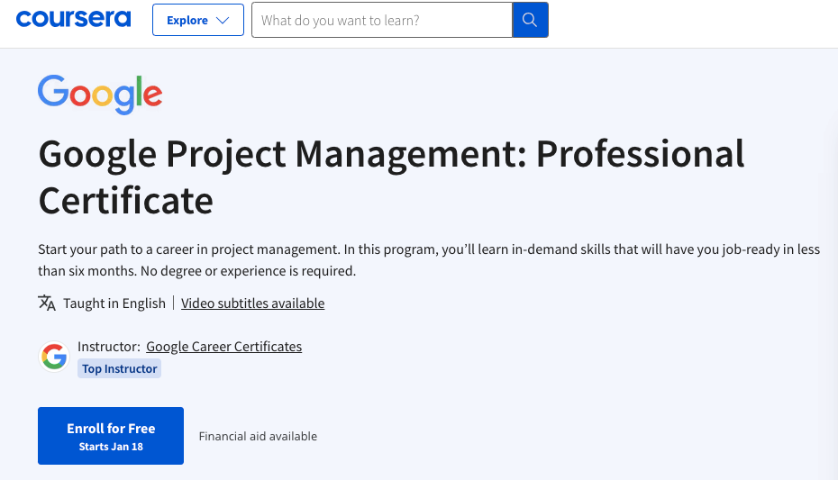 Google Project management course