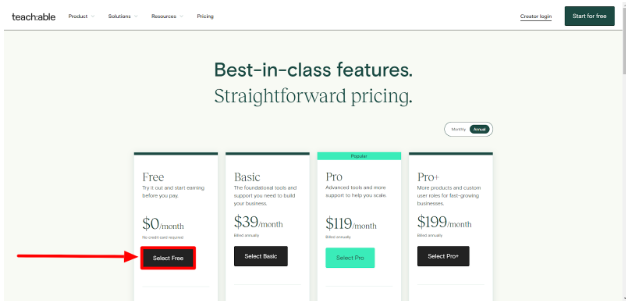 Select The Teachable Free Plan