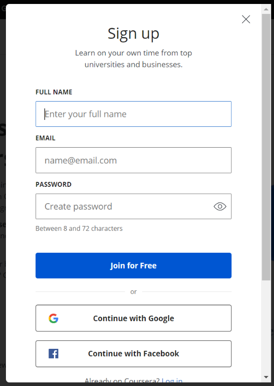 Coursera Sign Up Page