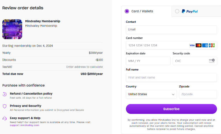 Mindvalley Checkout Page